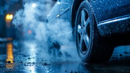 Aufkleber - Smoke from a vehicle exhaust pipe slowly dissipating into the cold morning air, with soft light and visible condensation creating a moody effect