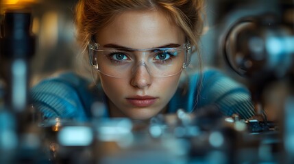 Female robotics engineers collaborating on a project, assembling and programming robots, futuristic tech advancements