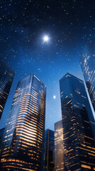 Fototapete - Gleaming skyscrapers rising against starry night, city lights casting dramatic shadows across metropolitan skyline