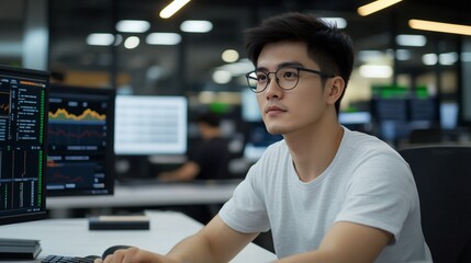 Focused programmer working in modern office
