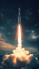 Aufkleber - Powerful rocket ascending, piercing cloud layers, launching into vast starry darkness during interstellar exploration mission