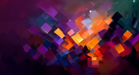 Poster - A dynamic abstract artwork featuring geometric shapes of squares and diamonds.  Vibrant colors such as purple, orange, red, and yellow create a bold and modern design.