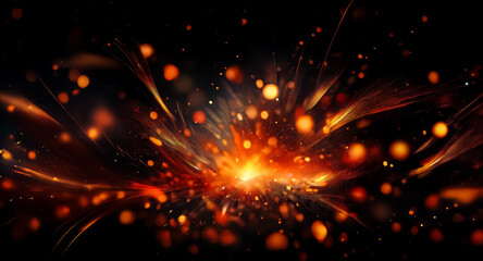 Aufkleber - Bright orange and yellow sparks burst outwards from a central point against a dark black background, creating a dynamic and energetic abstract effect.