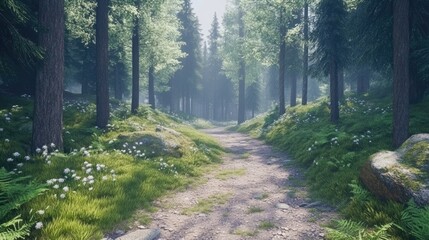 Wall Mural - serene woodland path leading into a mist shrouded forest clearing
