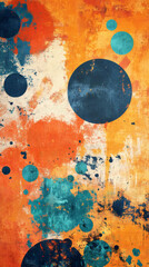 Aufkleber - Grunge textured background with orange, beige and blue colors, circles and paint splatters creating a vibrant and dynamic composition