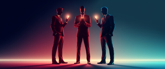 Wall Mural - three businessmen in suits, silhouetted against a gradient background, hold glowing smartphones, sho