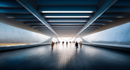 Poster - Futuristic architecture with a perspective view of a tunnel. People walking in the distance in a modern interior space with blue, white, and grey colors.