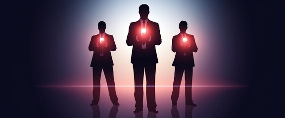 Wall Mural - three businessmen silhouettes hold glowing phones, standing against a gradient background, symbolizi