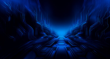 Leinwandbilder - A dark blue futuristic corridor with glowing lines creates a technological and mysterious scene. The pathway leads into deeper shadows.
