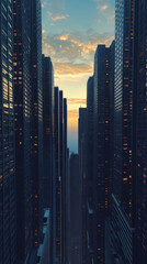Poster - Tall buildings with illuminated windows create a stunning cityscape during a vibrant sunset