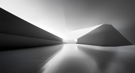 Fototapete - Abstract architecture with strong geometric shapes in grayscale. Dynamic perspective and interplay of light and shadow create a modern, minimalist scene.