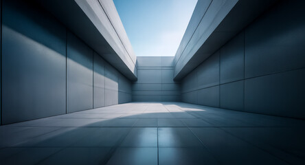 Poster - Modern architecture featuring a corridor with strong geometric lines and bright sunlight shining through the opening, creating shadows and light contrast on the walls and floor.