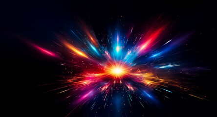 Poster - Vibrant burst of light erupts from a central point, radiating outwards in streaks of blue, red, orange, and purple against a dark backdrop. Energetic and dynamic.