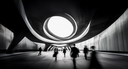 Fototapete - Futuristic tunnel with abstract architecture and blurry figures in motion.  Black and white tones enhance the modern and dynamic atmosphere.  A sense of movement and depth is conveyed.