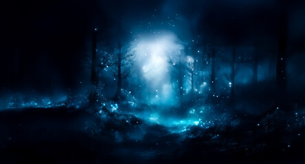 Aufkleber - A mystical blue light permeates a shadowy forest, casting an ethereal glow upon silhouetted trees and a misty ground, creating an atmosphere of mystery and intrigue.