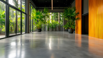 Fototapete - Spacious interior with plants and large windows overlooking greenery