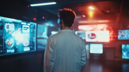 Man in futuristic control room, viewing data