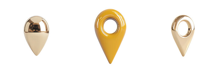 Wall Mural - this 3d location pin icon is golden in color, has a central hole, and boasts a shiny metallic finish