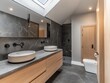 © ANUAR - Modern bathroom design featuring elegant stone accents, stylish fixtures, and contemporary wood cabinetry in a spacious interior setting