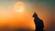 © chartchai - Haunting Silhouette of a Cat Against the Vibrant Full Moon