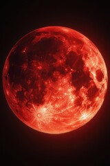Wall Mural - dramatic close up of a vibrant red moon with detailed craters and a dark background creating a celes
