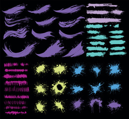 Poster - Colorful brush strokes and splatters are arranged in a vector format on a dark background. This abstract design offers various shapes and textures ideal for artistic projects and graphic design.