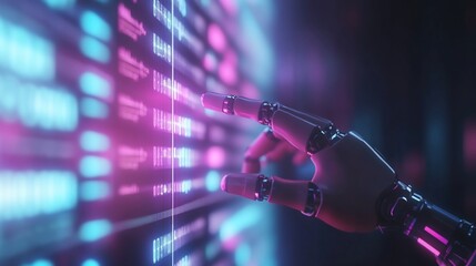 Robotic hand interacts with digital data screen