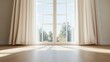 © SSTC AI Photo&Video - Interior serenity: Sunlight streams through a large window, illuminating the room and casting shadows on a hardwood floor, creating a serene ambiance. Curtains frame the view of lush trees.