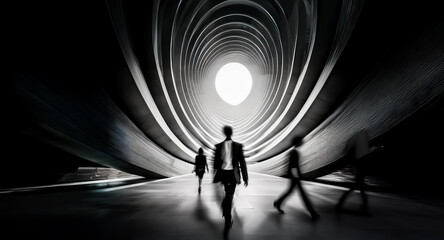 Poster - Silhouetted individuals move through a curved, dark tunnel toward a bright light. The architecture creates a sense of depth and forward motion in monochrome.