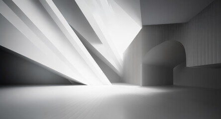 Poster - Abstract interior featuring striking light and shadow interplay. Geometric shapes create a modern, minimalist space. Light streams through openings, highlighting architectural forms.