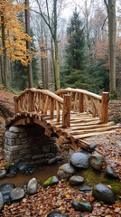 Poster - Small wooden bridge crossing a serene stream, surrounded by vibrant autumn foliage in a peaceful forest setting