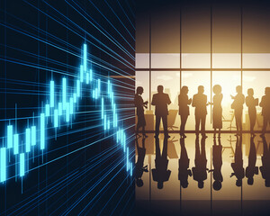 Wall Mural - silhouette of businesspeople meeting near a wall displaying a glowing blue candlestick chart, symbol