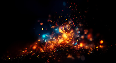 Fototapete - Vibrant bokeh lights burst in an abstract design, showcasing dynamic energy with warm orange and red hues contrasting cool blue tones against a dark backdrop.