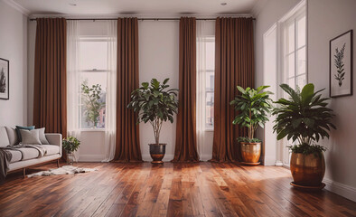 Poster - Large room with brown curtains and a tan couch. There are several potted plants in the room, including one in the corner and another on the floor. The room has a clean and minimalist look