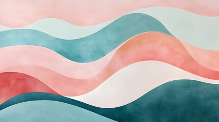 Wall Mural - Abstract Wavy Lines and Flowing Curves in Blush and Teal Tones