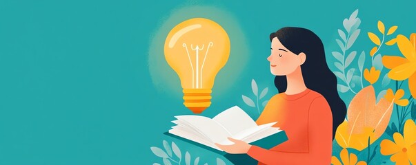 Fototapete - Woman with a light bulb in hand
