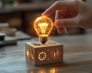 Aufkleber - Womans hand gently touching a glowing light bulb on a wooden block with the word Ideas illuminated