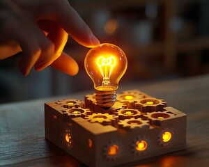 Aufkleber - Womans hand gently touching a glowing light bulb on a wooden block with the word Ideas illuminated