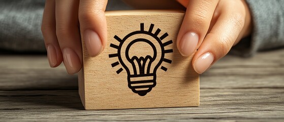 Poster - Woman s hand touching a glowing light bulb placed on a wooden block with the word Ideas and internal cog icons