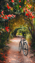 Poster - Vintage bicycle leaning against wildflower-lined path, golden sunlight filtering through verdant branches