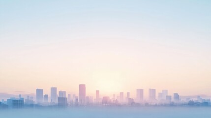 Fototapete - Morning light illuminates a minimalistic urban landscape with distant skyscrapers under a clear sky