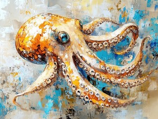 Wall Mural - vibrant octopus artwork in oil paint style with blue and orange hues creating a captivating underwat