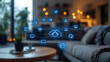 © tong2530 - Wireless home automation network illustrated in a cozy living room, where IoT sensors and smart devices communicate seamlessly over a secure cloud platform
