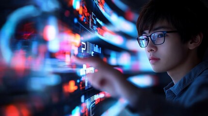 Young man interacts with digital data display