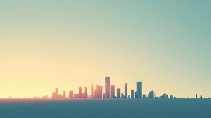 Fototapete - Urban skyline stretches under clear morning sky with skyscrapers illuminating in soft light and ample space for additional text