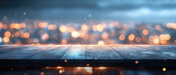 Canvas Print - enchanting cityscape backdrop with wooden surface and bokeh lights for festive product display and n