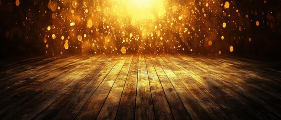 Canvas Print - enchanting golden bokeh lights illuminate a rustic wooden floor creating a magical and festive atmos