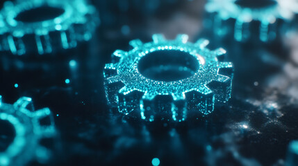 Aufkleber - Close-up of luminous digital gears rotating smoothly, representing advanced technology, innovation, and teamwork