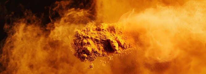 Wall Mural - A swirling dust of golden turmeric powder suspended mid-air on an isolate background