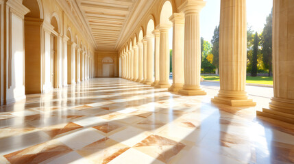 Poster - Illuminated by sunlight, a spacious colonnade features elegant arches and a stunning marble floor, creating a bright and luxurious atmosphere